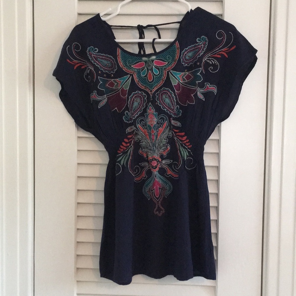 Navy blouse with colorful embroidery!